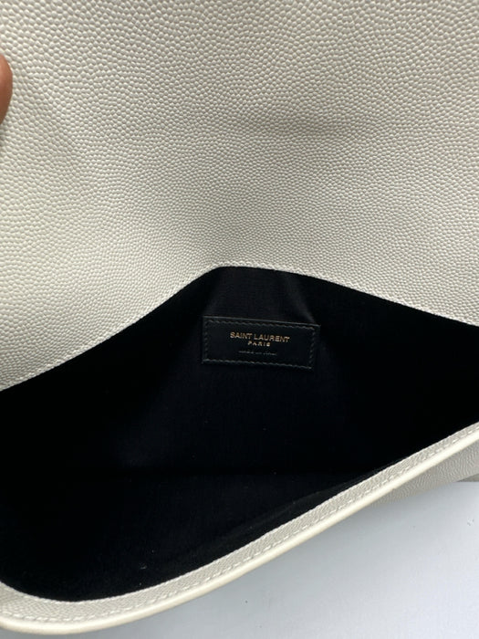 Saint Laurent White & Gold Caviar Leather Flap Logo Envelope Clutch Bag