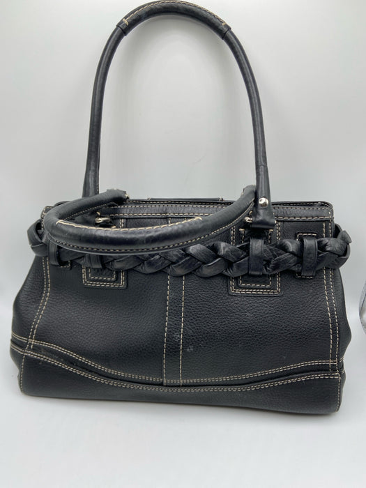 Coach Black & White Pebble Leather Top Handle Braided silver hardware Feet Bag