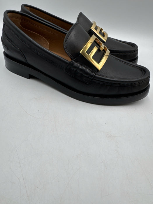 Fendi Shoe Size 37 Black Leather Gold hardware Logo Slip On Loafers