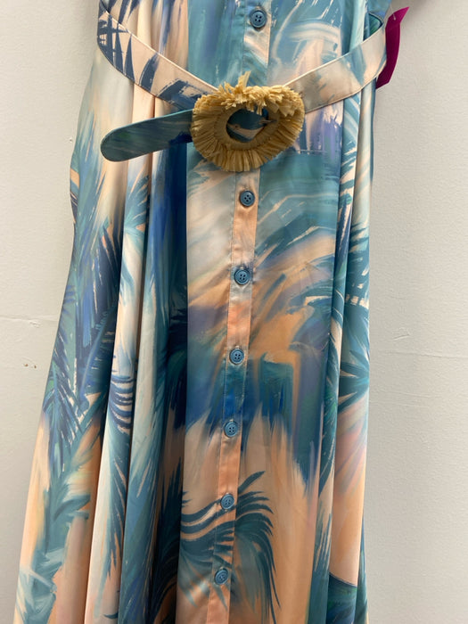 Leo Lin Size 10 Blue & Peach Viscose Short Sleeve Abstract Print Buttons Dress