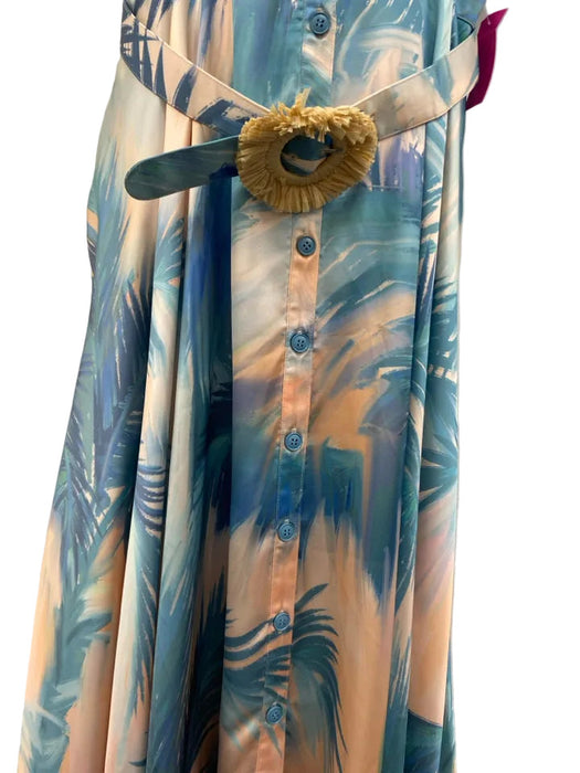 Leo Lin Size 10 Blue & Peach Viscose Short Sleeve Abstract Print Buttons Dress