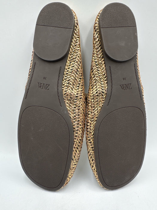 Zara Shoe Size 38 Gold & Black Manmade Material Woven Metalic Threading Flats