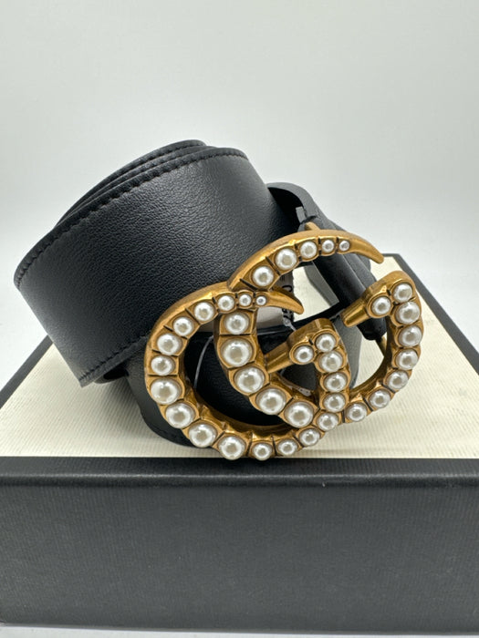 Gucci Black & White Leather Logo Buckle Pearl Face Wide Belts