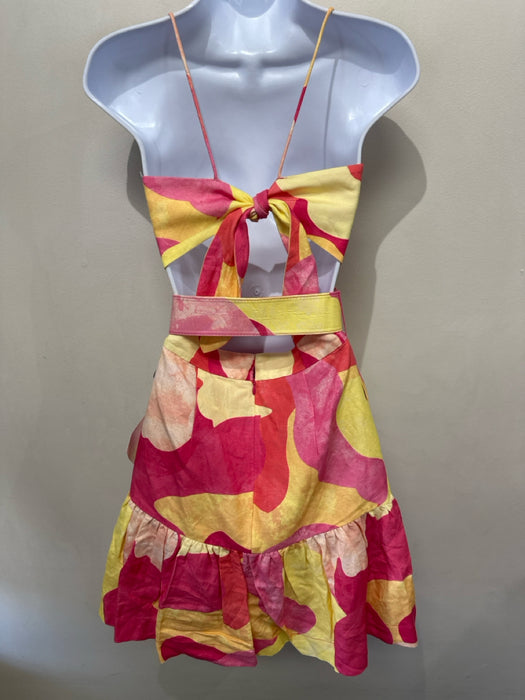 Rebecca Vallance Size 6 Pink & Yellow Linen & Rayon Tie Detail Cutout Mini Dress