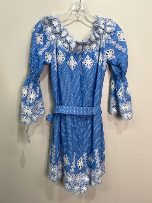 Miguelina Size XS Blue & White Cotton Embroidered Polka Dot 1/2 sleeve Romper