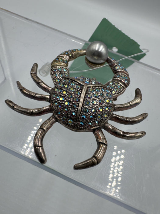 No Brand Silver & Gray Silver Tone Metal Rhinestone Crab Pearl Brooch