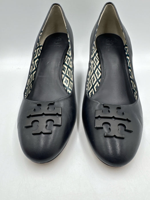 Tory Burch Shoe Size 9.5 Dark Navy Blue Leather Logo Round Toe Wedge Sandals