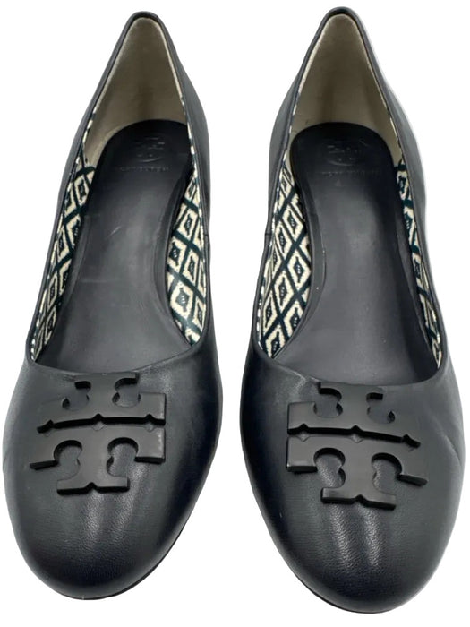 Tory Burch Shoe Size 9.5 Dark Navy Blue Leather Logo Round Toe Wedge Sandals