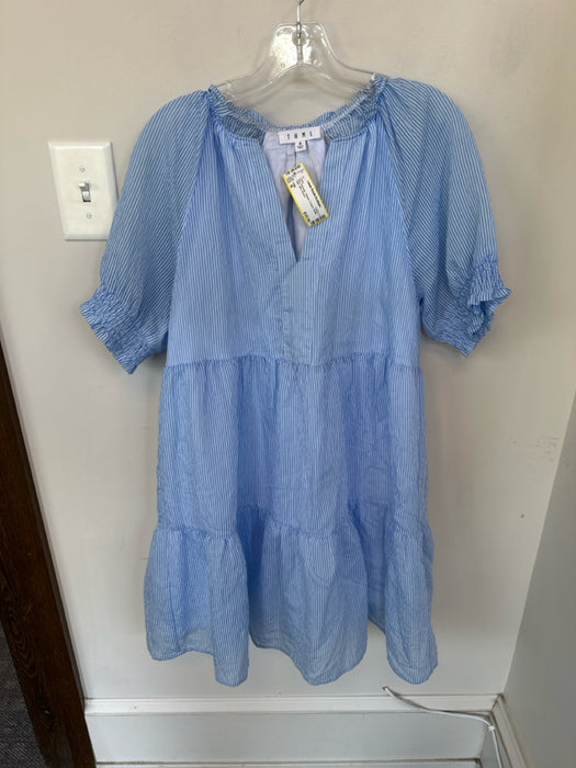 THML Size M Blue Polyester Striped V Neck Ruffle collar Mini Dress
