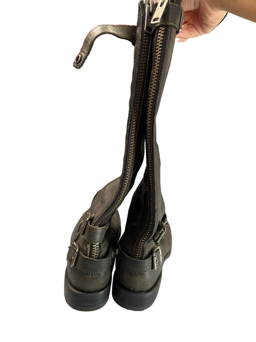 Frye Shoe Size 9.5 Greenish Black Leather Almond Toe Back Zip Moto Boots