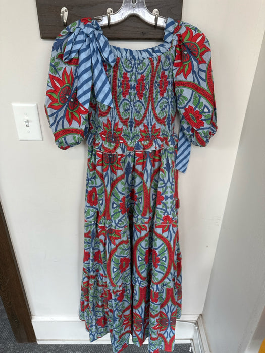 Mulberry & King Size S Blue & Red Cotton 3/4 Balloon Sleeve Flowers Maxi Dress