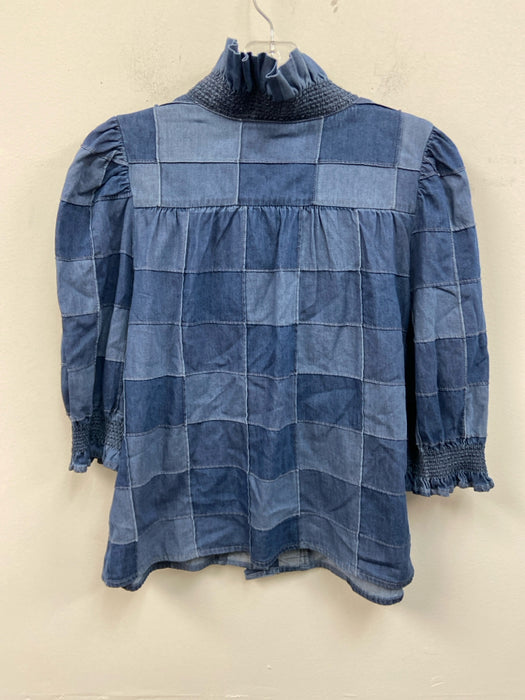 Love The Label Size L Dark Wash Cotton Short Puff Sleeve Quilted Button Up Top