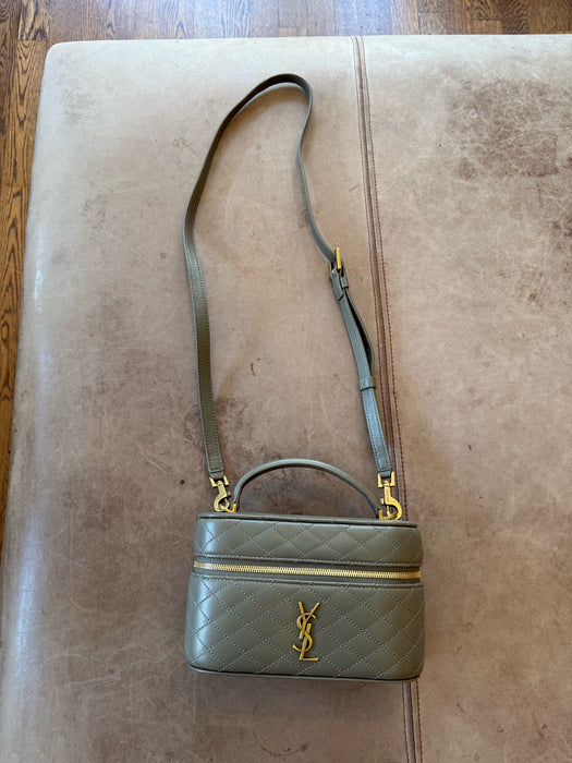 Saint Laurent Taupe & Gold Leather Zip Close Quilted Logo Crossbody Strap Bag
