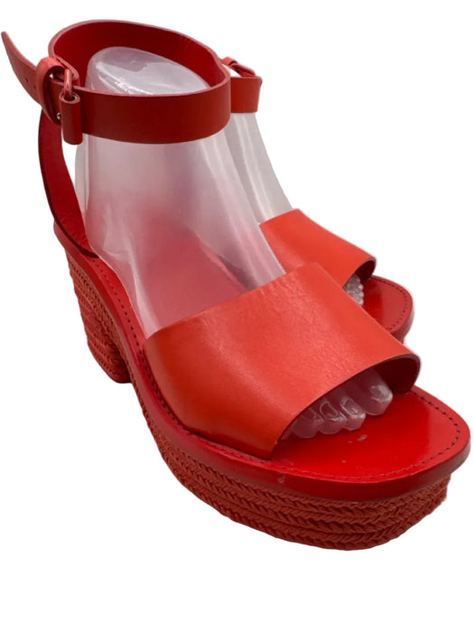 Celine Shoe Size 41 Red Leather Espadrille Ankle Buckle Platform Sandals