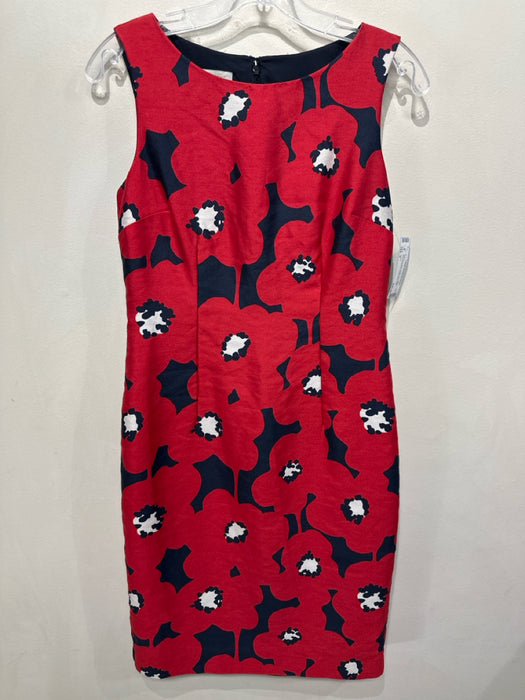 Hobbs Size 6 Red, Navy Blue, White Silk Blend abstract flowers Wide Neck Dress