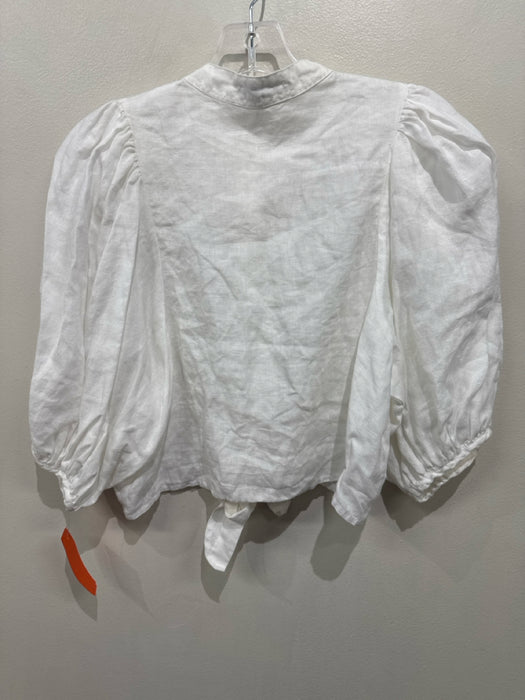 Lanhtropy Size S White Linen Puff Sleeves Button Down Tie Cropped Top
