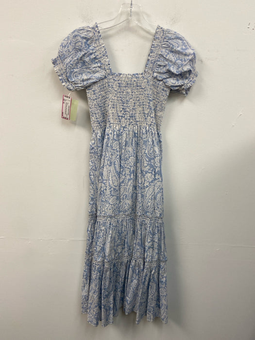 O.P.T. Size XS Blue & White Cotton Square Neck Smocked Bodice Paisley Dress
