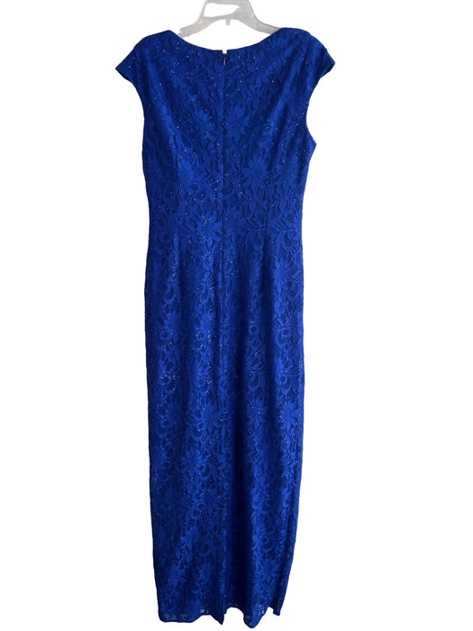 Tahari Size 12 Royal Blue Polyester Lined Back Zip Cap Sleeve slit Gown