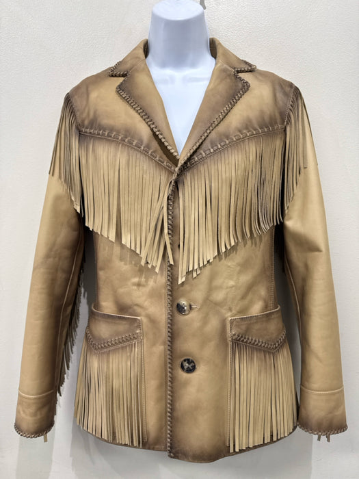Ralph Lauren Purple Size 2 Beige & Brown Calf Leather Button Front Fringe Jacket