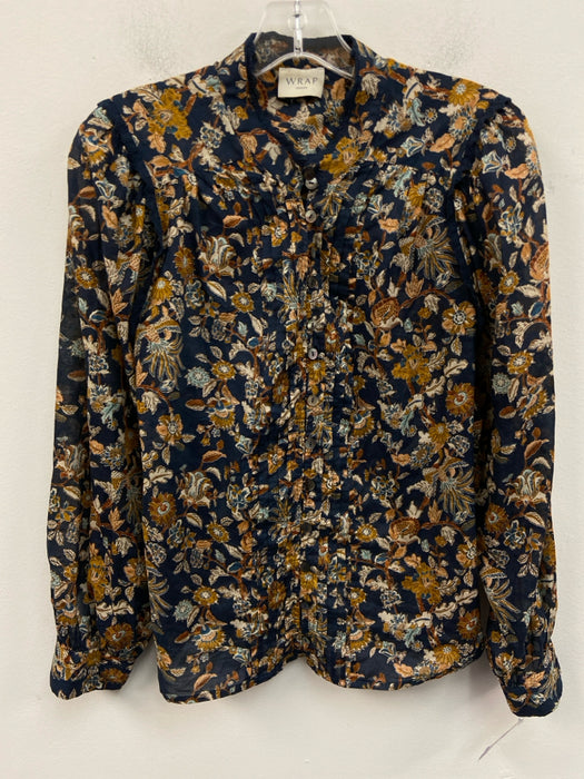 Wrap London Size 6 navy, orange, white Cotton Long Sleeve Buttons pleats Top