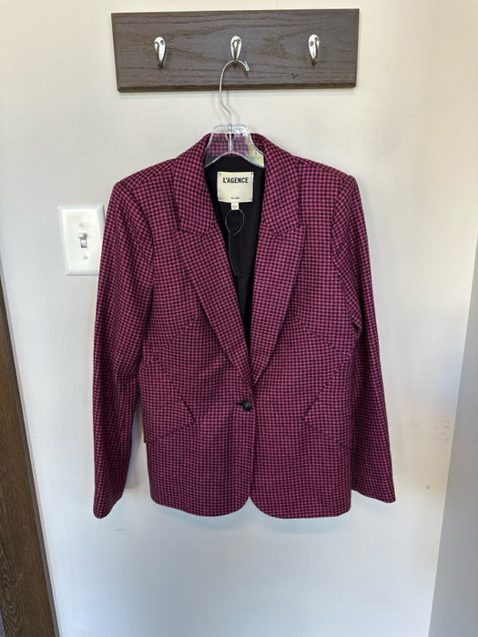 L'agence Size 6 Black & Pink Wool Blend Houndstooth Metallic Blazer Jacket