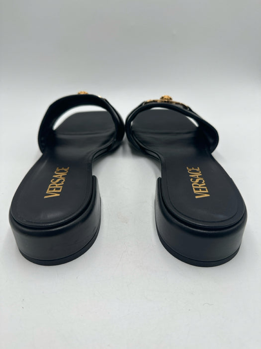 Versace Shoe Size 41 Black & Gold Leather Medusa Open Toe Flat Mules Sandals