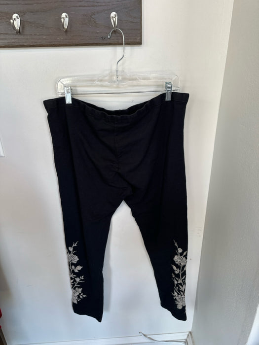 Johnny Was Size XL Black & Cream Cotton Blend Elastic Waist Embroidered Pants