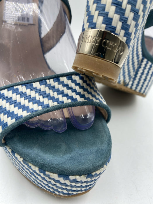 Jimmy Choo Shoe Size 39.5 Blue & White Raffia Suede Woven Platform Wedges