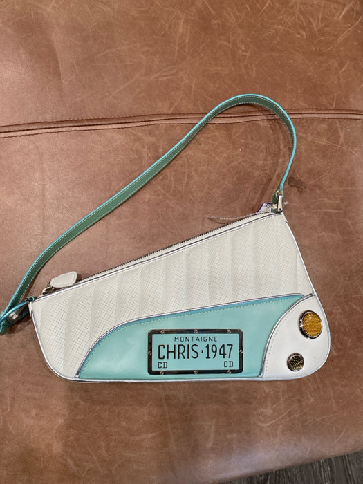 Christian Dior White & Teal Leather One Strap Top Zip Car Grommet Details Bag