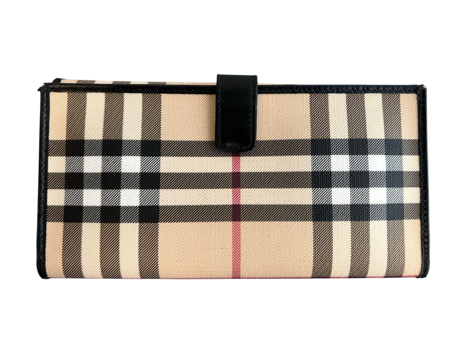 Burberry Beige Coated Cotton Leather trim Nova Check Snap Closure Long Wallets