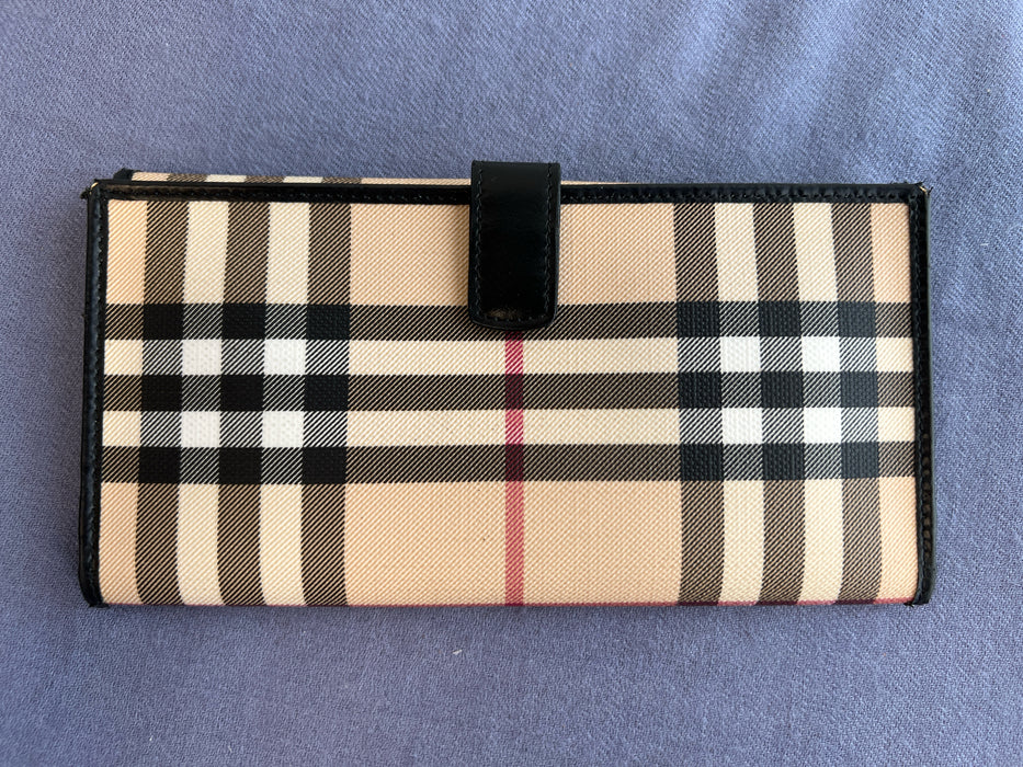 Burberry Beige Coated Cotton Leather trim Nova Check Snap Closure Long Wallets