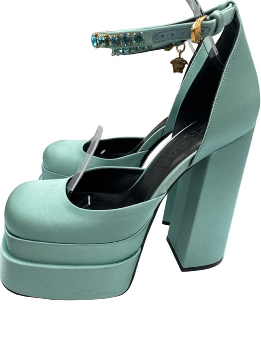 Versace Shoe Size 39.5 Seafoam Green Satin Leather Rhinestone Square Toe Pumps