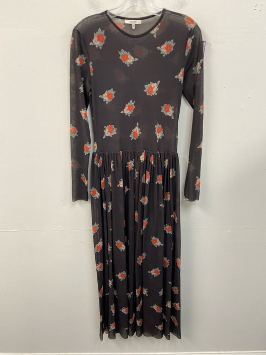 Ganni Size 38 Black & Multi Polymide floral print Round Neck Long Sleeve Dress