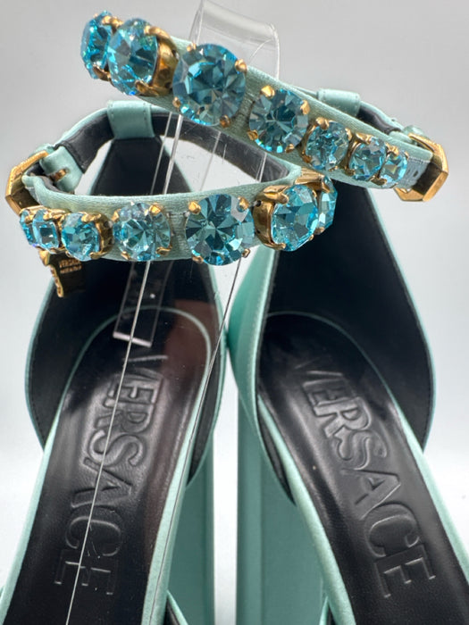 Versace Shoe Size 39.5 Seafoam Green Satin Leather Rhinestone Square Toe Pumps