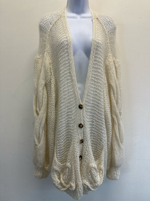 Loewe Size L Cream Mohair Blend Open Knit Back Logo Twist Detail Cardigan