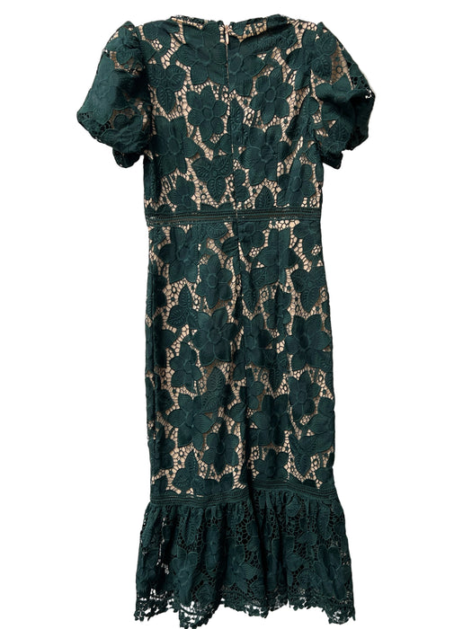 Just Me Size Small Green & Tan Polyester Lined Overlay Back Zip V Neck Dress