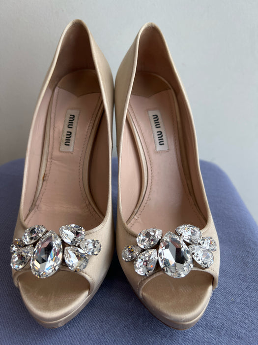 Miu Miu Shoe Size 37.5 Champagne Satin Peep Toe Rhinestone Stiletto Shoes