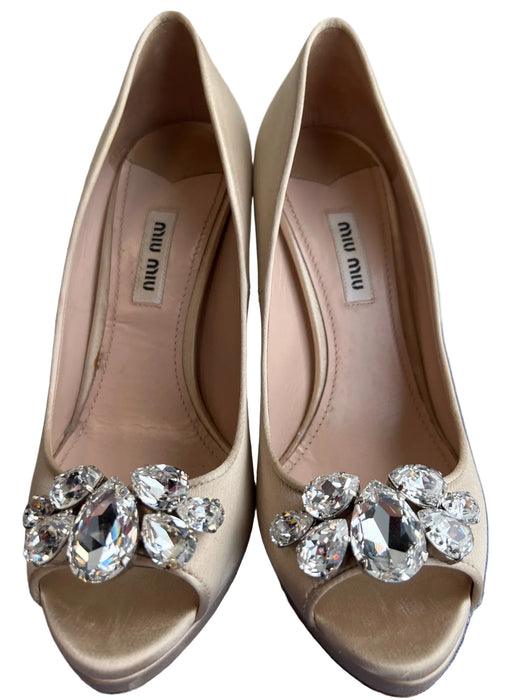 Miu Miu Shoe Size 37.5 Champagne Satin Peep Toe Rhinestone Stiletto Shoes