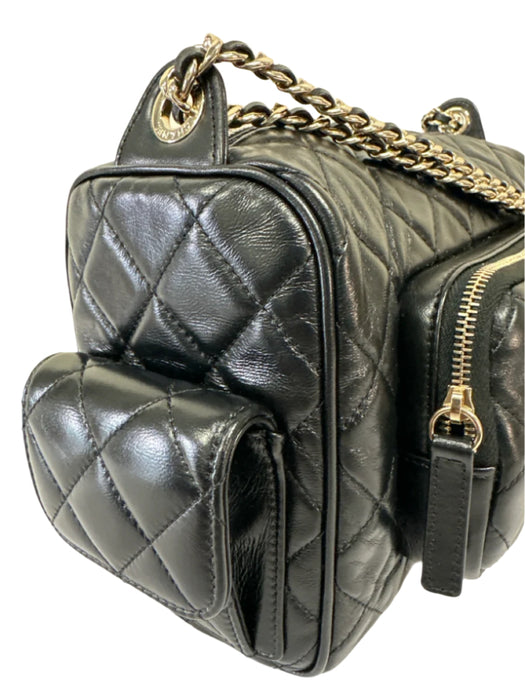 Chanel Black Leather Quilted Shinny Pockets Gold Hardware Bag