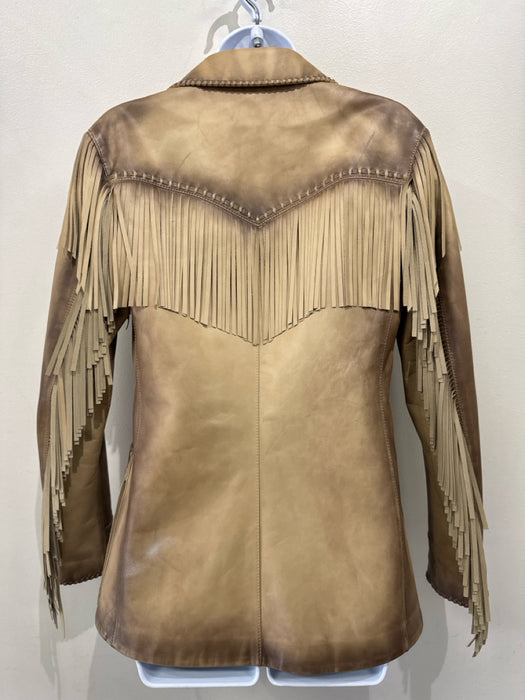 Ralph Lauren Purple Size 2 Beige & Brown Calf Leather Button Front Fringe Jacket
