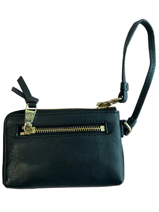 Tory Burch Black Leather Wristlet Logo Zip Close Gold Hardware Wallets