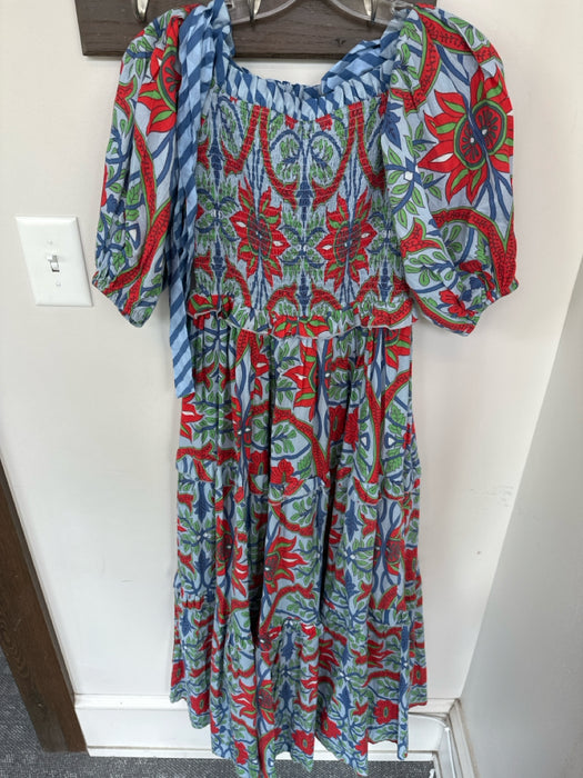 Mulberry & King Size S Blue & Red Cotton 3/4 Balloon Sleeve Flowers Maxi Dress