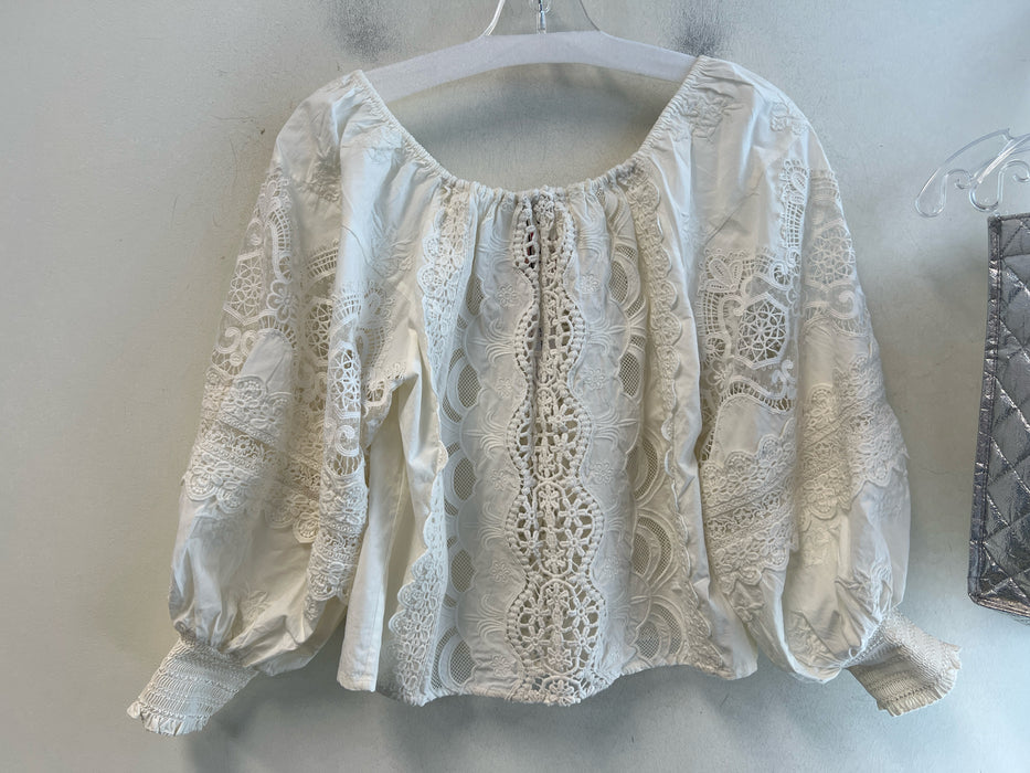 Alice & Olivia Size XS Ivory Cotton Half Puff Sleeve Cropped Lace Top