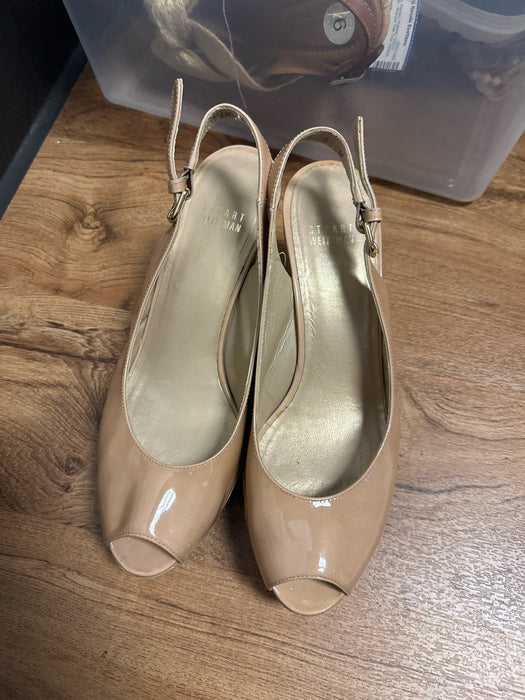 Stuart Weitzman Shoe Size 9 nude Patent Leather Cork Peep Toe Wedges