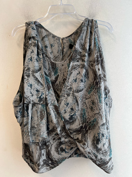 Robert Rodriguez Size 4 Gray & Teal Silk Sleeveless V Neck All Over Print Top