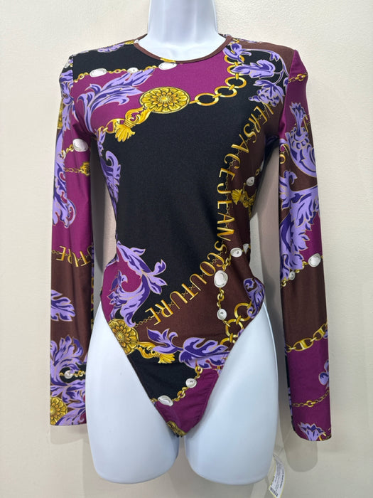 Versace Size 4 Purple & Black Poly Long Sleeve Logo Thong Bodysuit