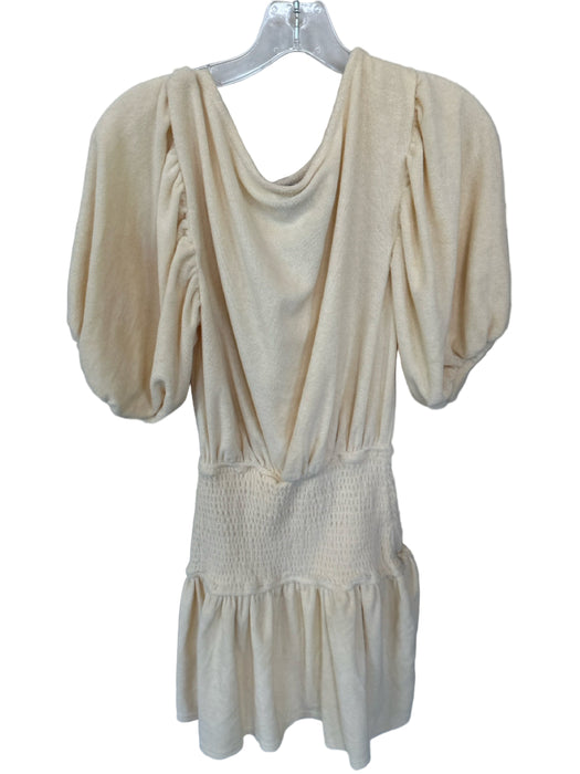 SABO Size XS Cream Terry Cloth Short Balloon Sleeve smocked Buttons Dress