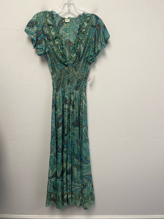 No Brand Size XS Green, Blue, Multi Silk Short Puff Sleeve Smocked Waist Dress