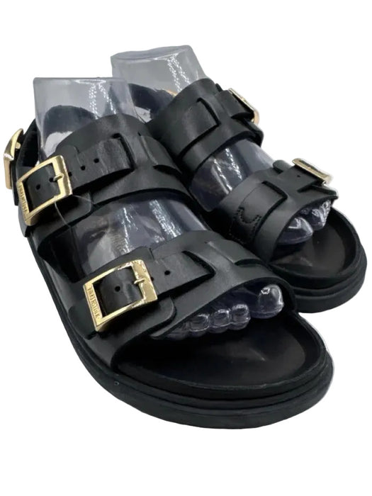 Birkenstock Shoe Size 38 Black Leather Gold hardware Buckle Strap Sandals