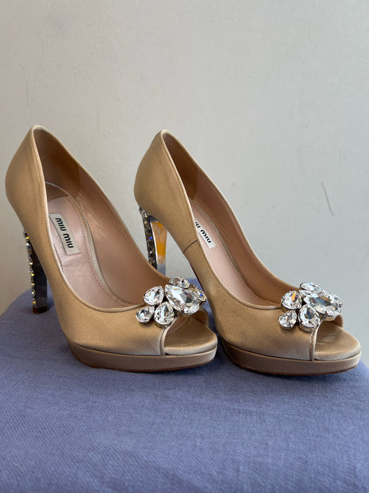 Miu Miu Shoe Size 37.5 Champagne Satin Peep Toe Rhinestone Stiletto Shoes